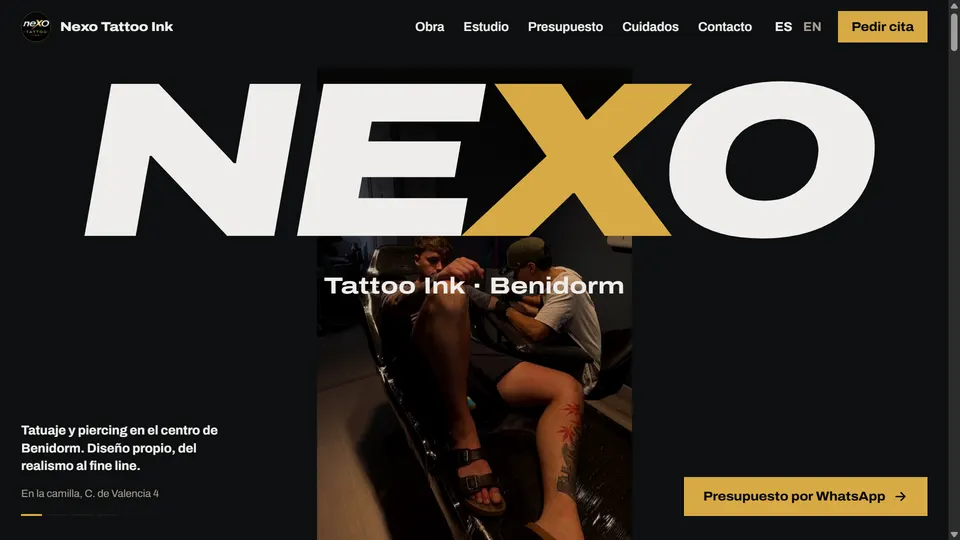 Portada de la web de Nexo Tattoo Ink, Benidorm, con botón de presupuesto por WhatsApp